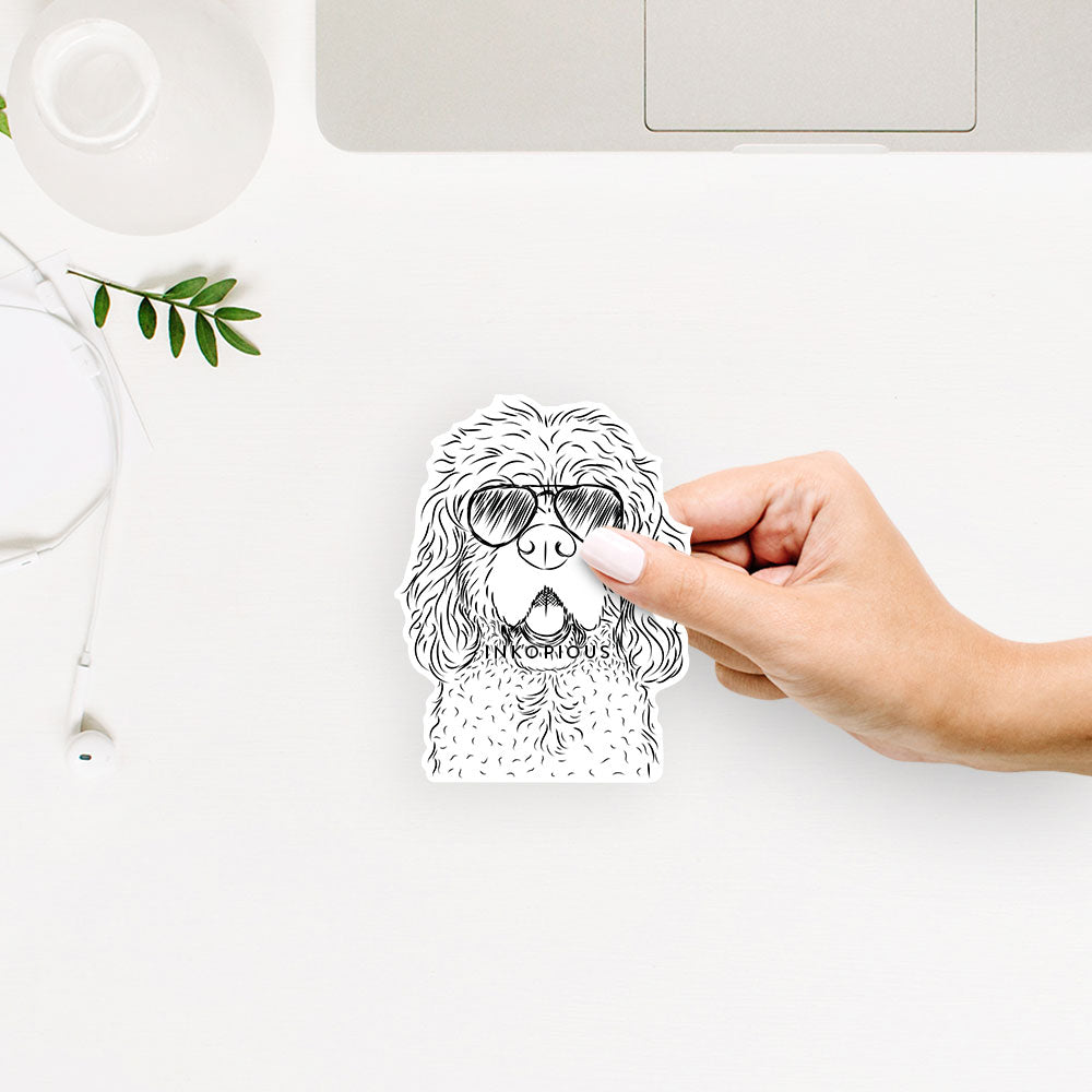 Hand-drawn sketch of Casey the American Cocker Spaniel wearing aviator sunglasses on an ACocker decal sticker