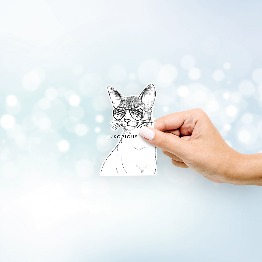 Hand-drawn sketch of Cedric the Abyssinian Cat wearing aviator sunglasses on a decal sticker