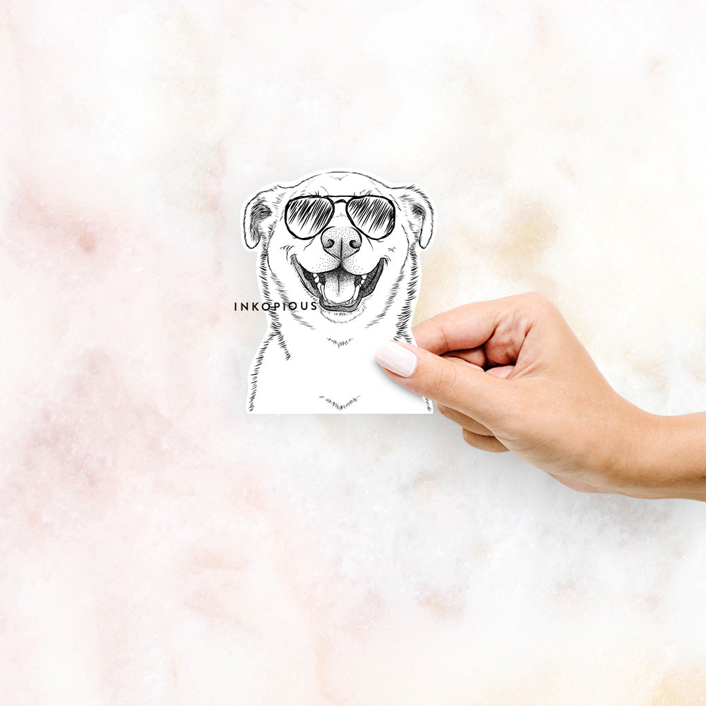 Hand-drawn sketch of Chancellor the Mixed Breed wearing aviator sunglasses on a decal sticker