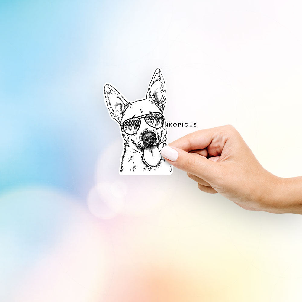 Hand-drawn sketch of Charlie the Mixed Breed wearing aviator sunglasses on a Charlie Mix decal sticker