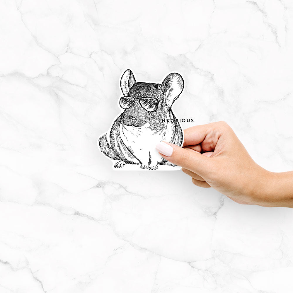 Hand-drawn sketch of Cheddar the Chinchilla wearing aviator sunglasses on a Cheddar Chinchilla decal sticker