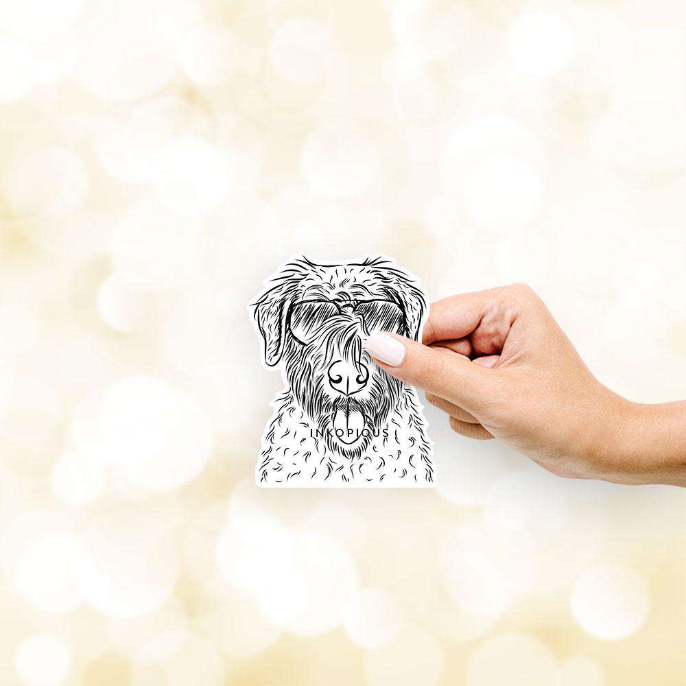 Hand-drawn sketch of Chester the Soft Coated Wheaten Terrier wearing aviator sunglasses on a decal sticker