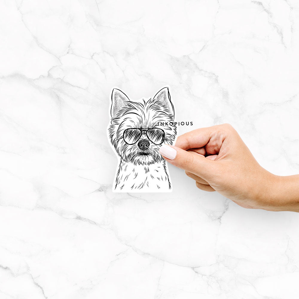 Hand-drawn sketch of Chewy the Yorkshire Terrier wearing aviator sunglasses on a Chewy Yorkie decal sticker
