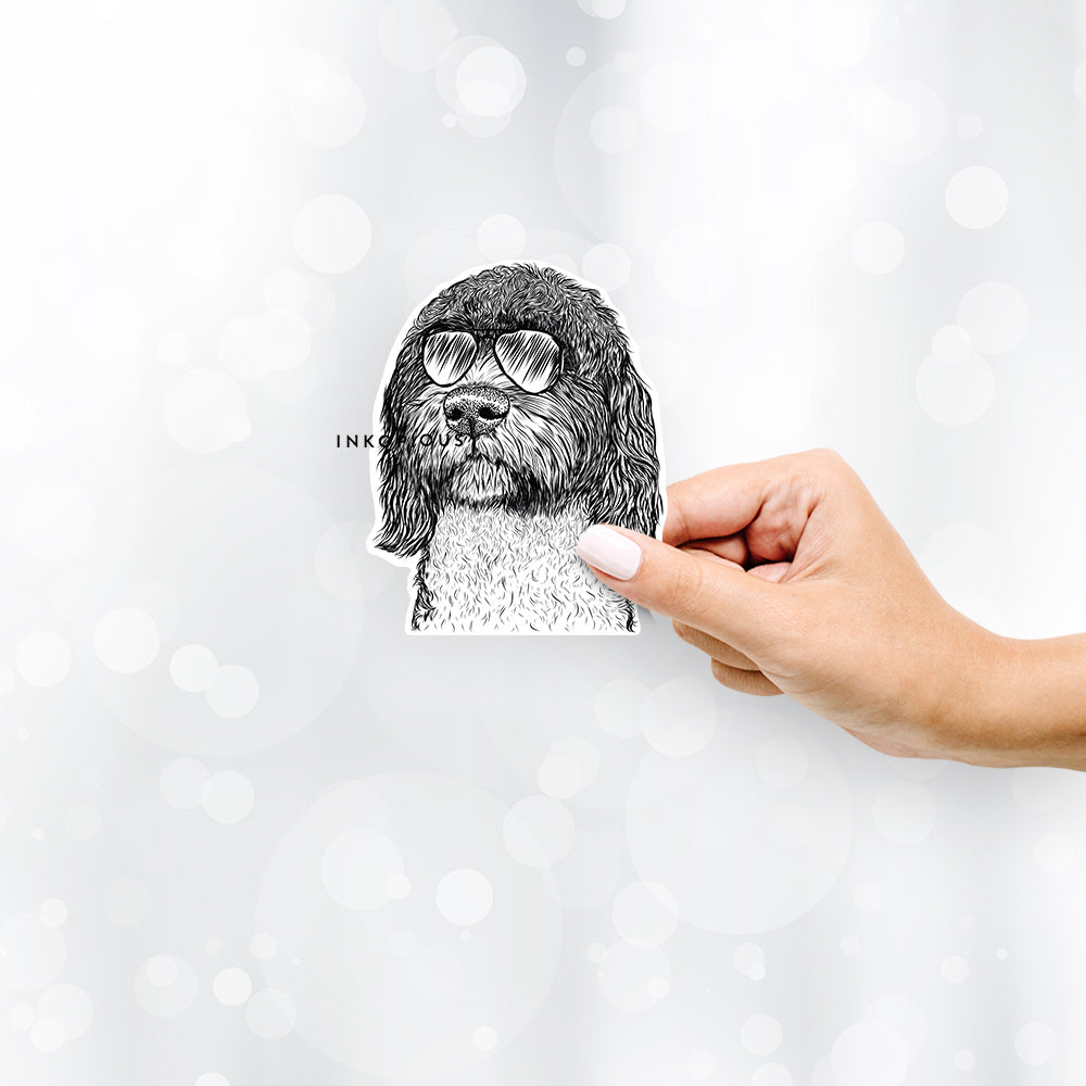 Hand-drawn sketch of Chris the Portuguese Water Dog wearing aviator sunglasses on a decal sticker