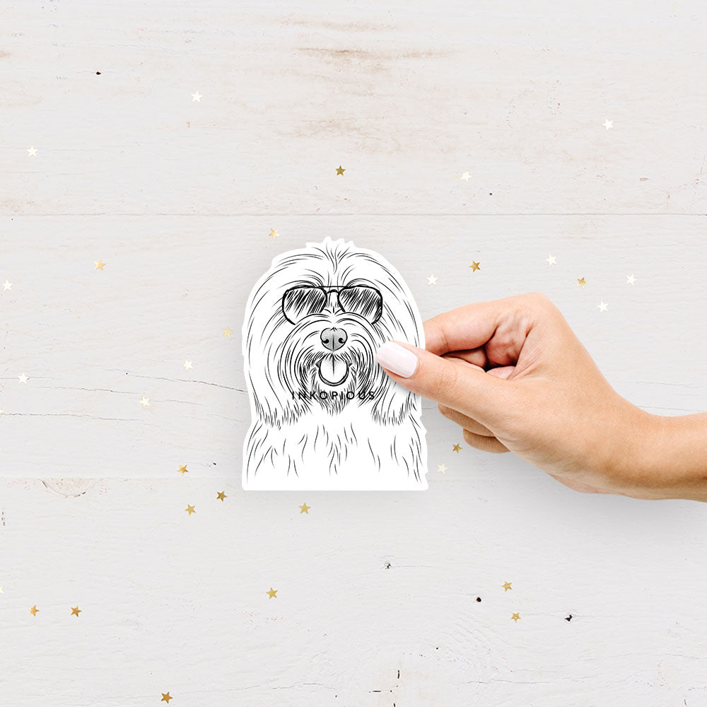 Hand-drawn sketch of Claude the Coton de Tulear wearing aviator sunglasses on a decal sticker