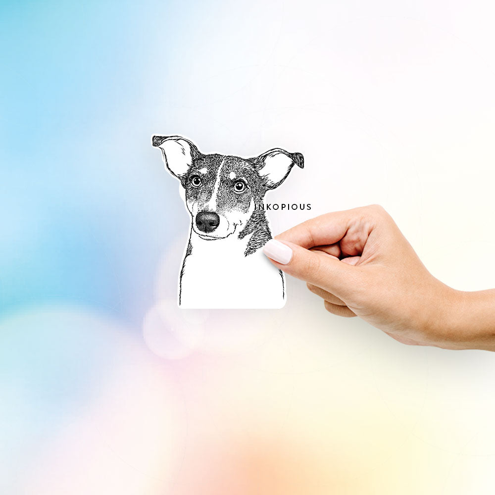 Hand-drawn sketch of Cleo the Terrier Mix wearing aviator sunglasses on a decal sticker