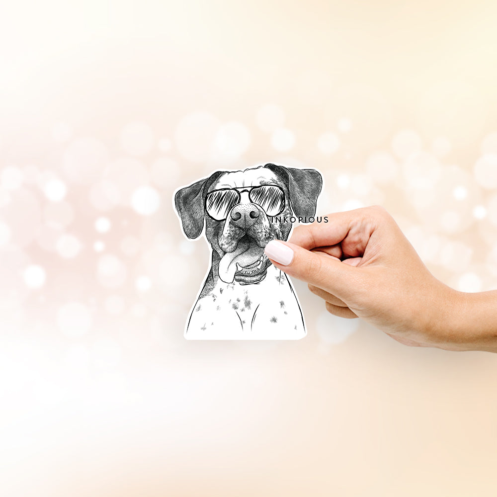 Hand-drawn sketch of Cola the Catahoula wearing aviator sunglasses on a decal sticker