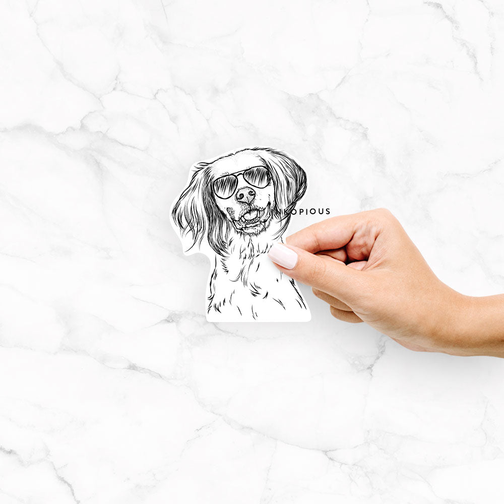 Hand-drawn sketch of Cooper the English Setter wearing aviator sunglasses on a Cooper Eng Setter decal sticker