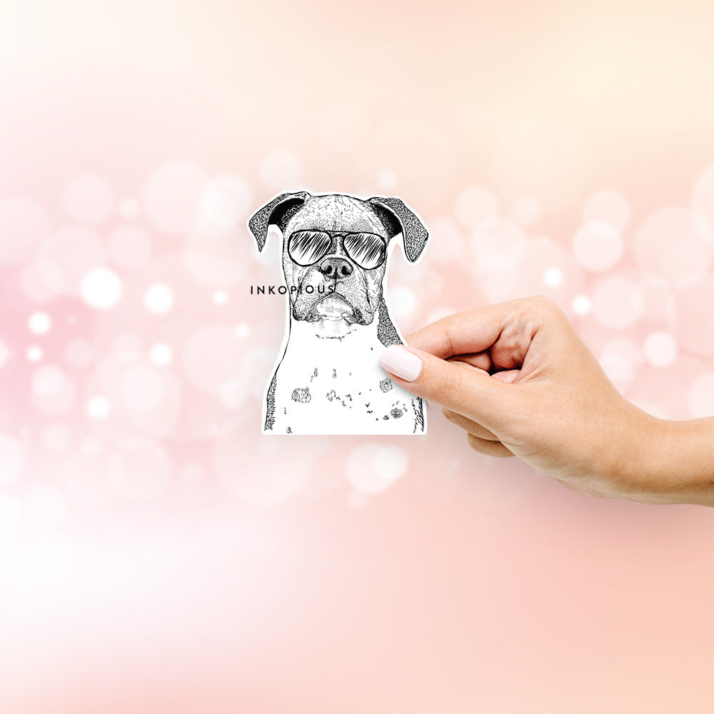 Hand-drawn sketch of Daisy the Boxer wearing aviator sunglasses on a decal sticker