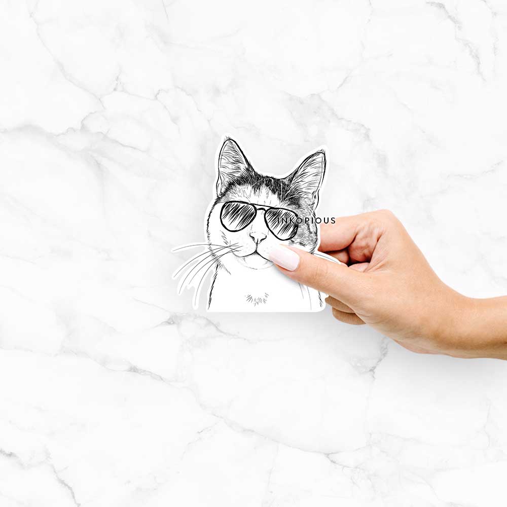 Hand-drawn sketch of Denver the Calico Cat wearing aviator sunglasses on a Denver Calico decal sticker