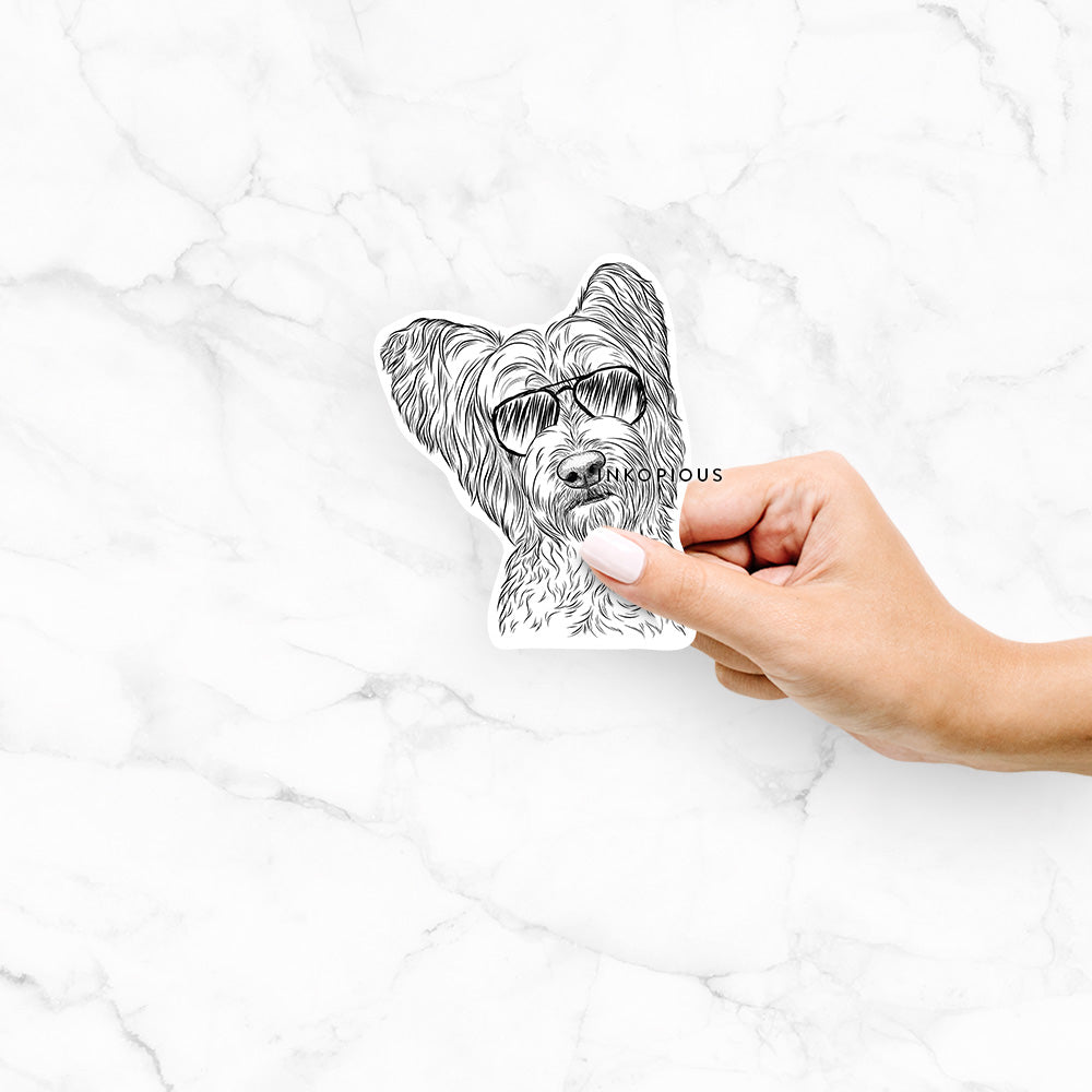 Hand-drawn sketch of Dexter the Terrier Mix wearing aviator sunglasses on a Dexter Terrier Mix decal sticker
