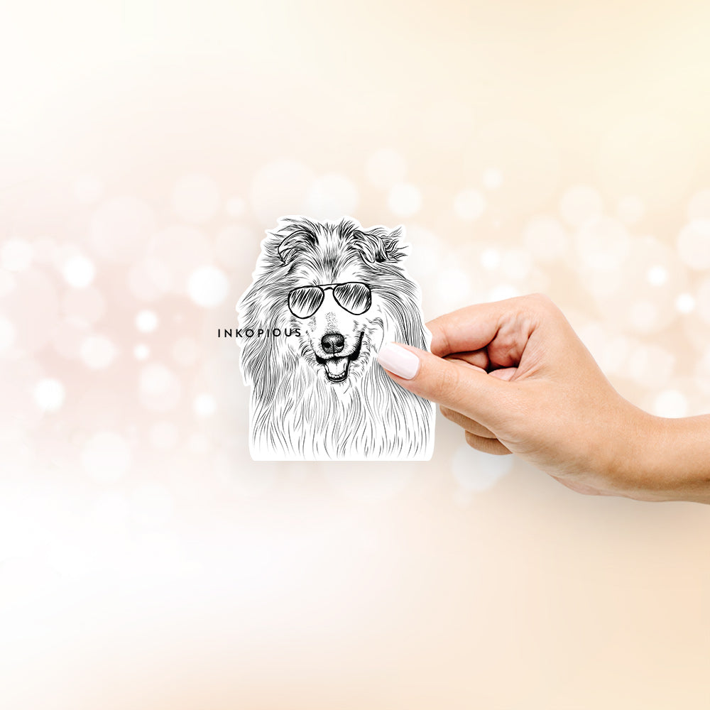 Hand-drawn sketch of Donnan the Rough Collie wearing aviator sunglasses on a decal sticker