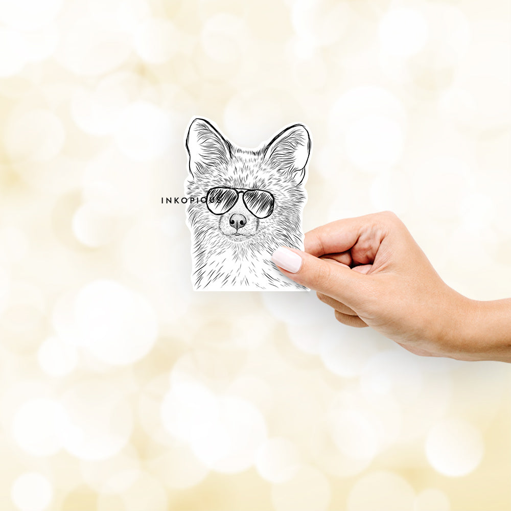 Hand-drawn sketch of Drax the Red Fox wearing aviator sunglasses on a decal sticker