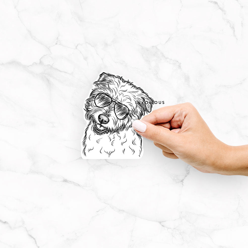 Hand-drawn sketch of Duffy the Glen of Imaal Terrier wearing aviator sunglasses on a Duffy Glenof Imaal decal sticker