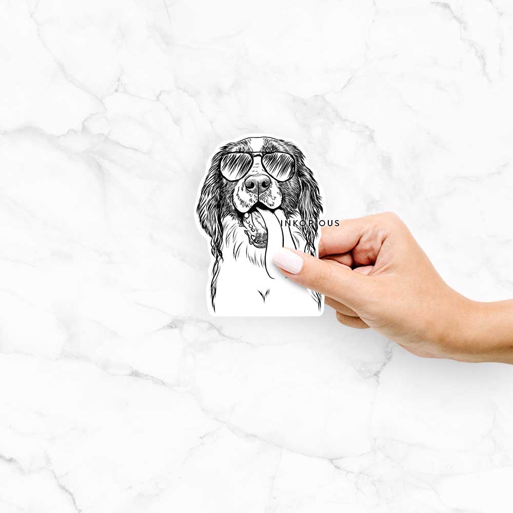 Hand-drawn sketch of Duke the English Springer Spaniel wearing aviator sunglasses on a Duke ESS decal sticker