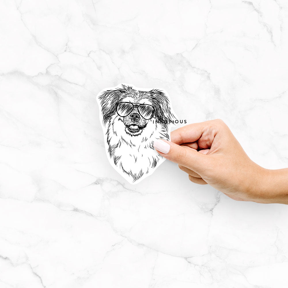 Hand-drawn sketch of Ed the Tibetan Spaniel wearing aviator sunglasses on an Ed Tibetan Spaniel decal sticker