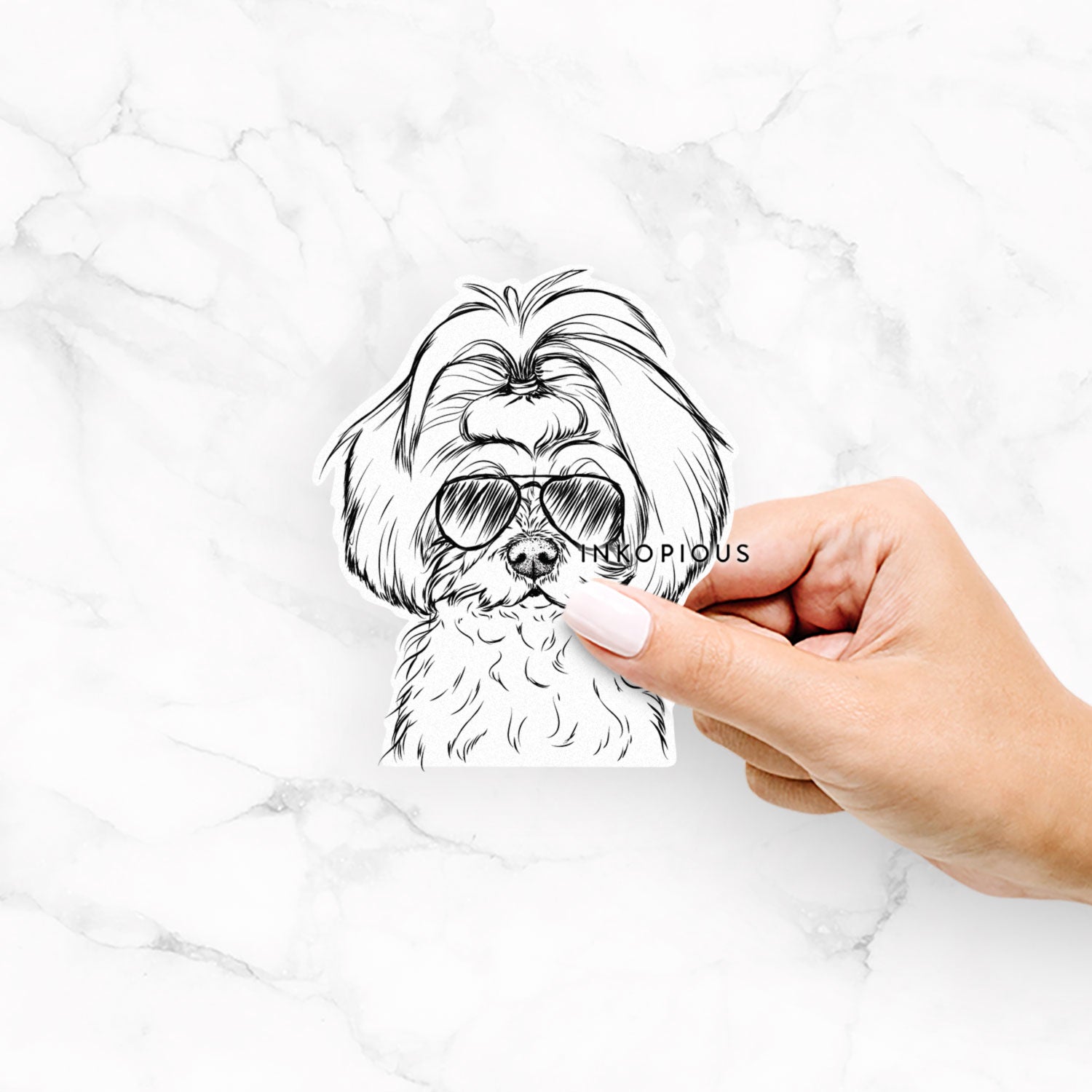 Hand-drawn sketch of Ellie the Maltese wearing aviator sunglasses on an Ellie Maltese decal sticker