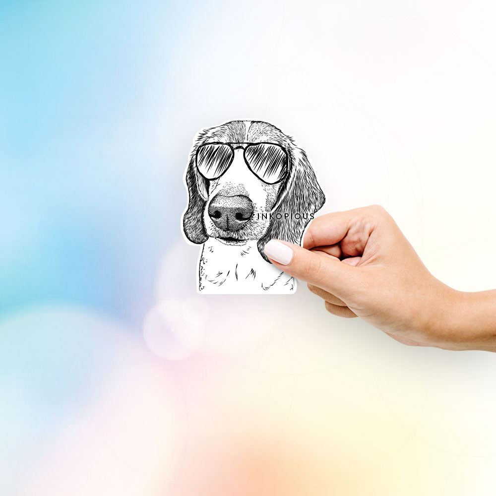 Hand-drawn sketch of Elvis the Beagle wearing aviator sunglasses on a decal sticker