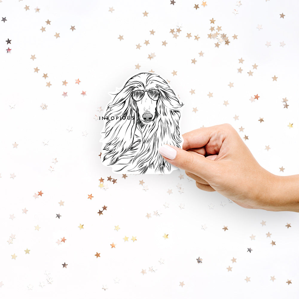 Hand-drawn sketch of Fabio the Afghan Hound wearing aviator sunglasses on a decal sticker