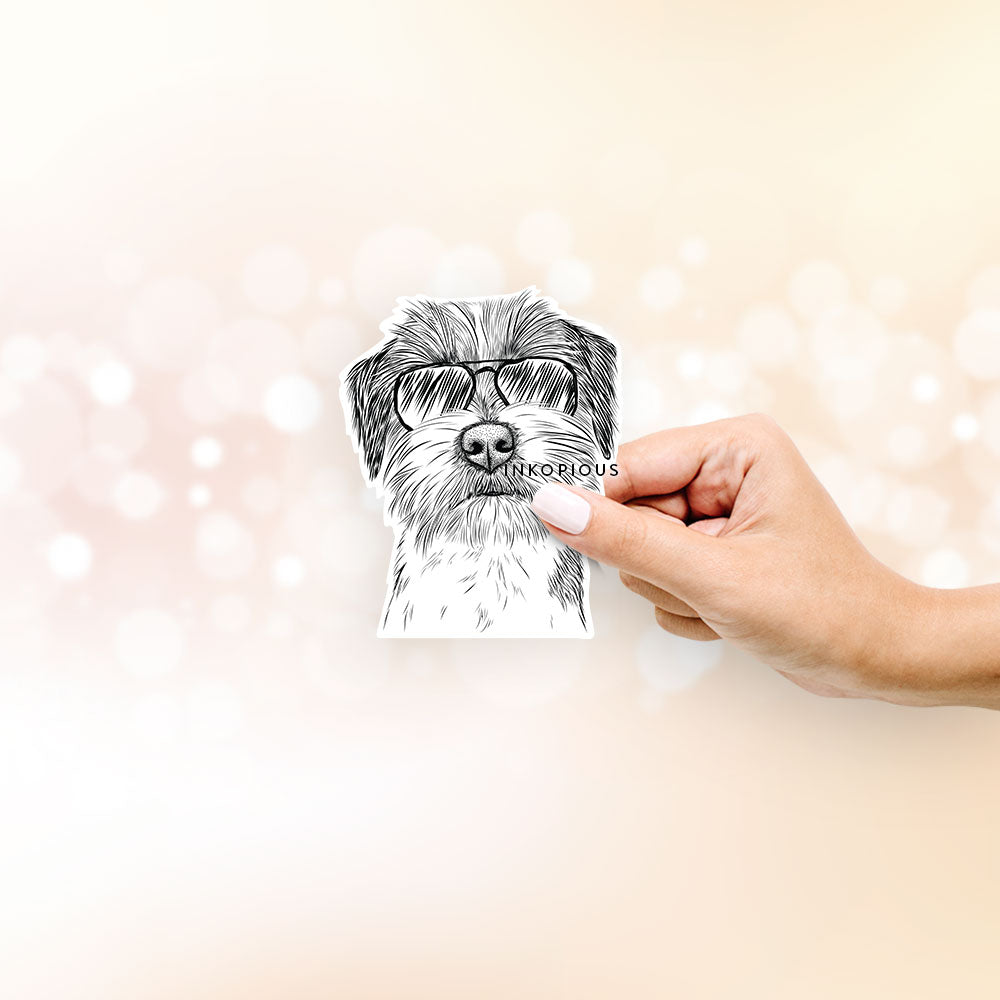 Hand-drawn sketch of Feis the Parson Russell Terrier wearing aviator sunglasses on a decal sticker