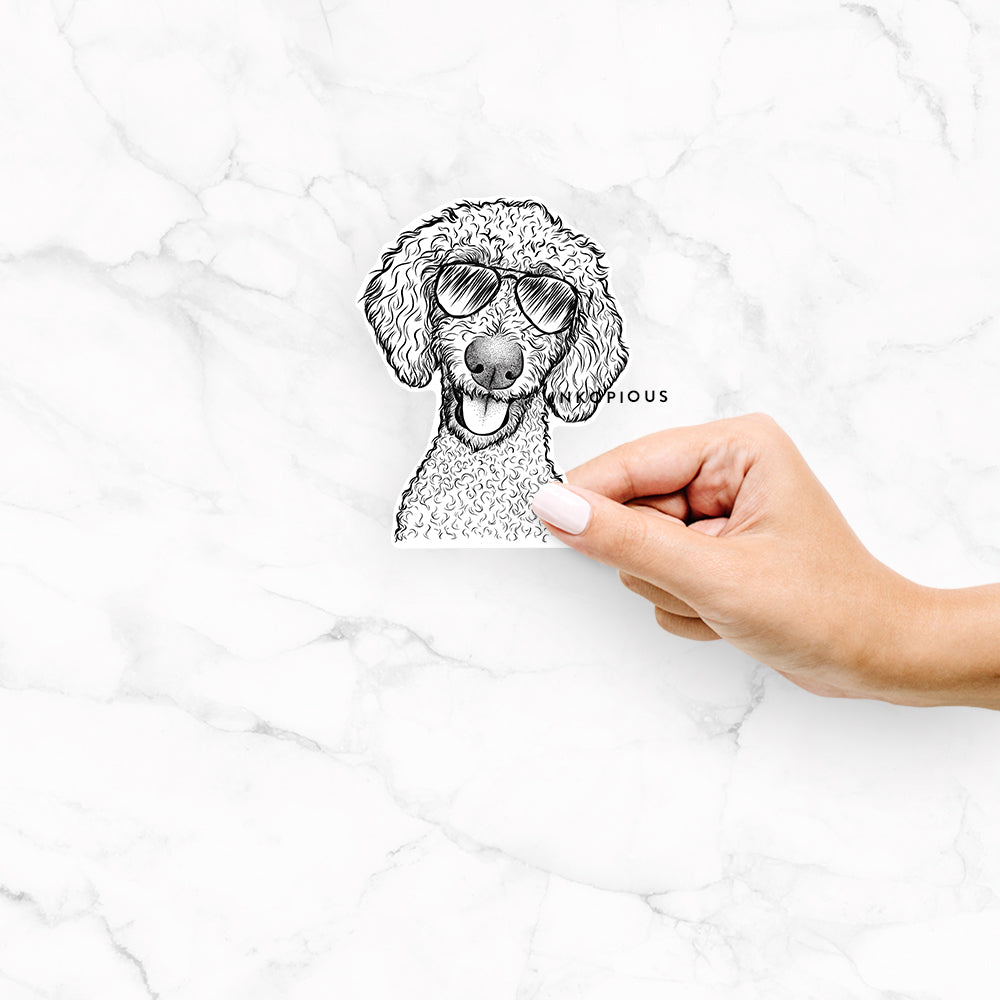 Hand-drawn sketch of Fenway the Goldendoodle wearing aviator sunglasses on a Fenway Goldendoodle decal sticker