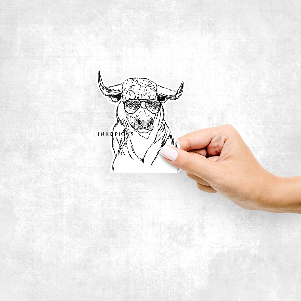 Hand-drawn sketch of Ferdinand the Bull wearing aviator sunglasses on a decal sticker
