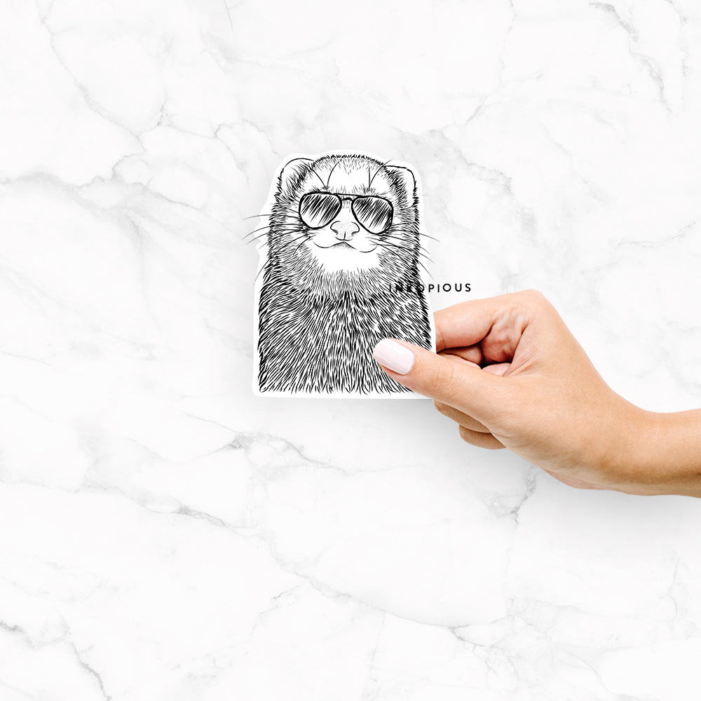 Hand-drawn sketch of Fig the Ferret wearing aviator sunglasses on a Fig Ferret decal sticker