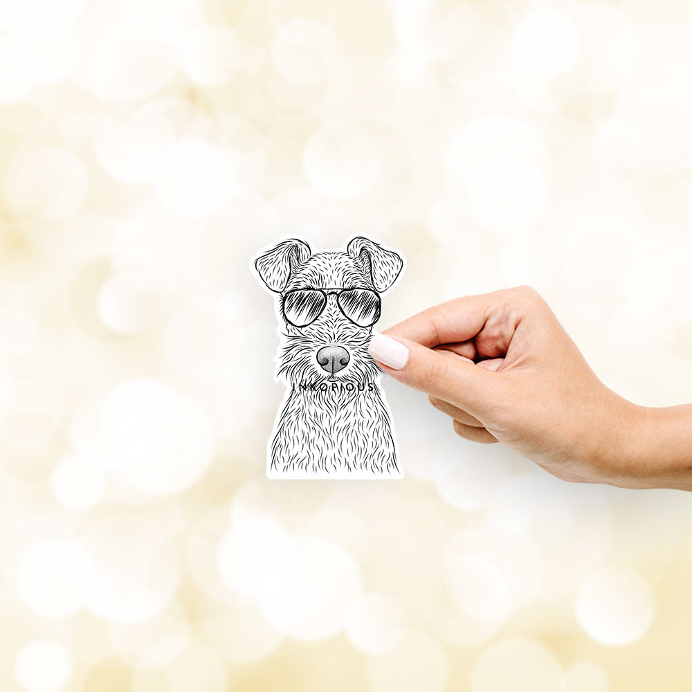 Hand-drawn sketch of Fitz the Wire Fox Terrier wearing aviator sunglasses on a decal sticker
