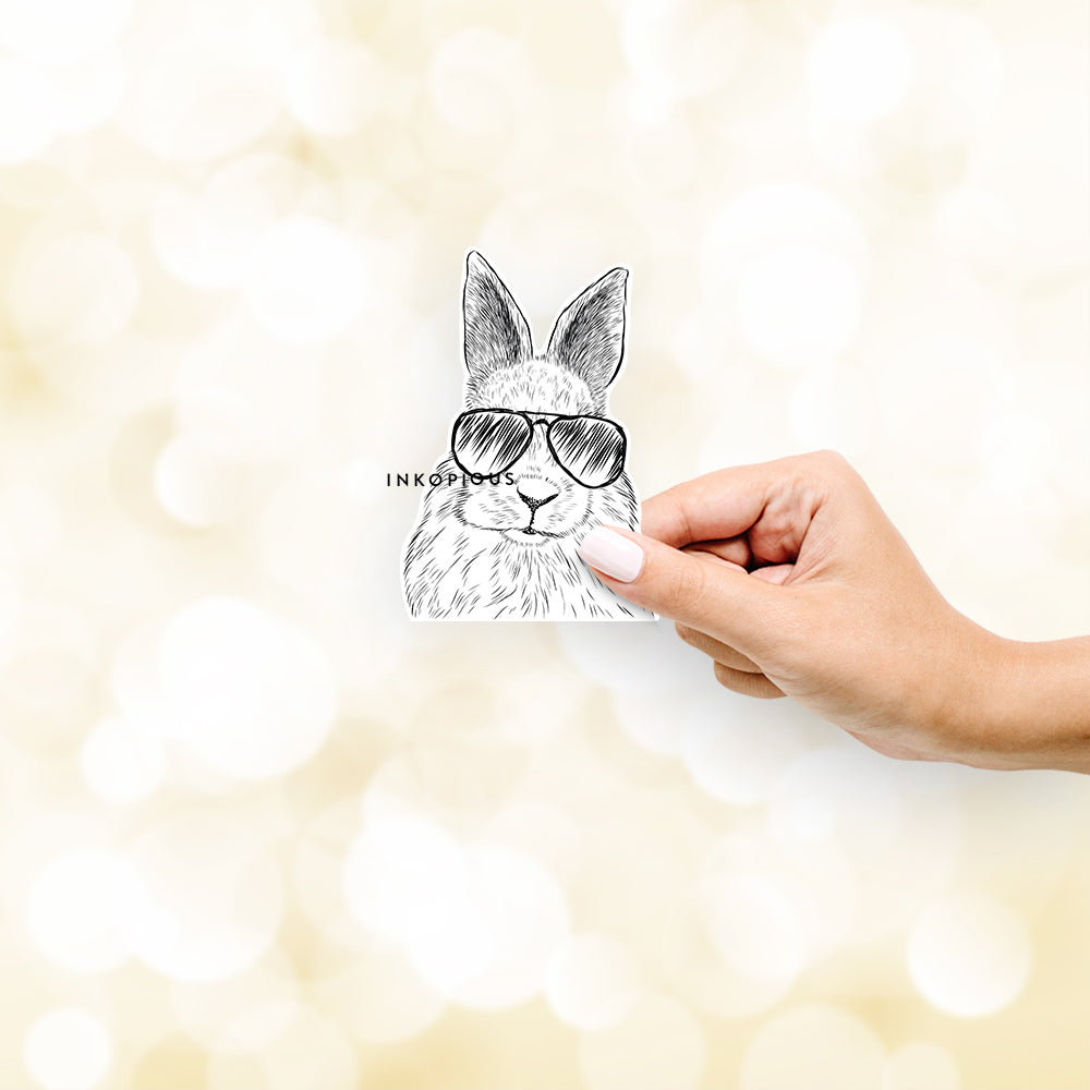 Hand-drawn sketch of Flower the Rex Rabbit wearing aviator sunglasses on a decal sticker