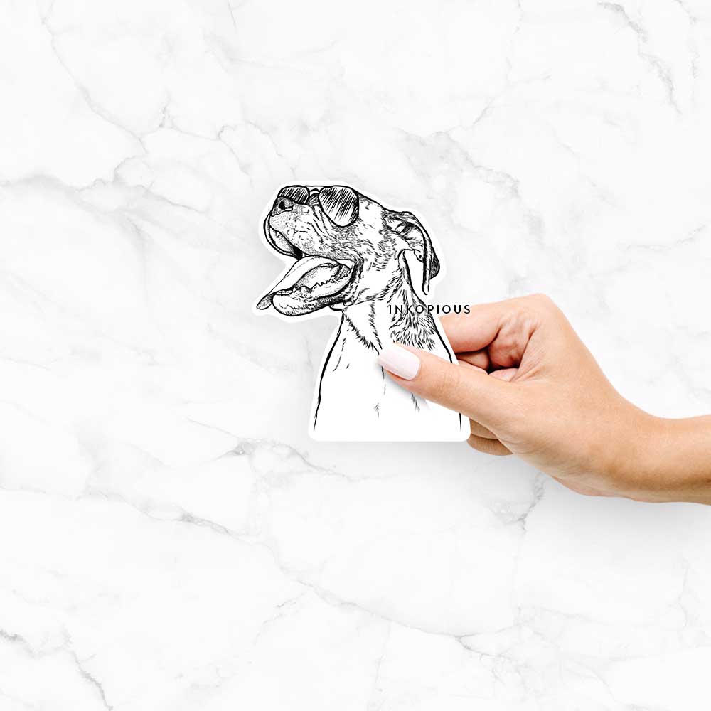 Hand-drawn sketch of Floyd the Boxer wearing aviator sunglasses on a decal sticker