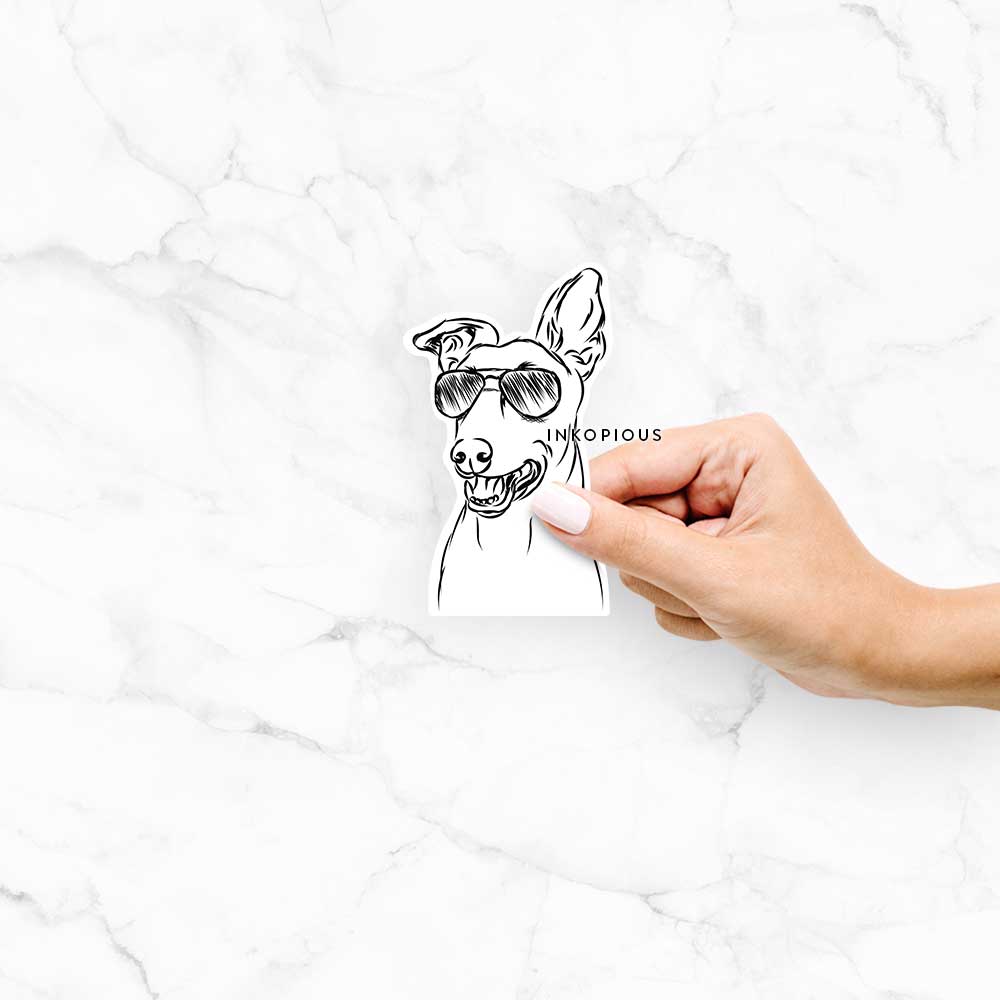 Hand-drawn sketch of a the Greyhound wearing aviator sunglasses on a Frosty decal sticker