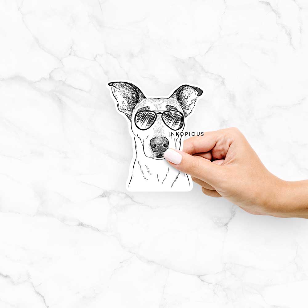 Hand-drawn sketch of Georgie the Rat Terrier Mix wearing aviator sunglasses on a Georgie Rat Terrier Mix decal sticker