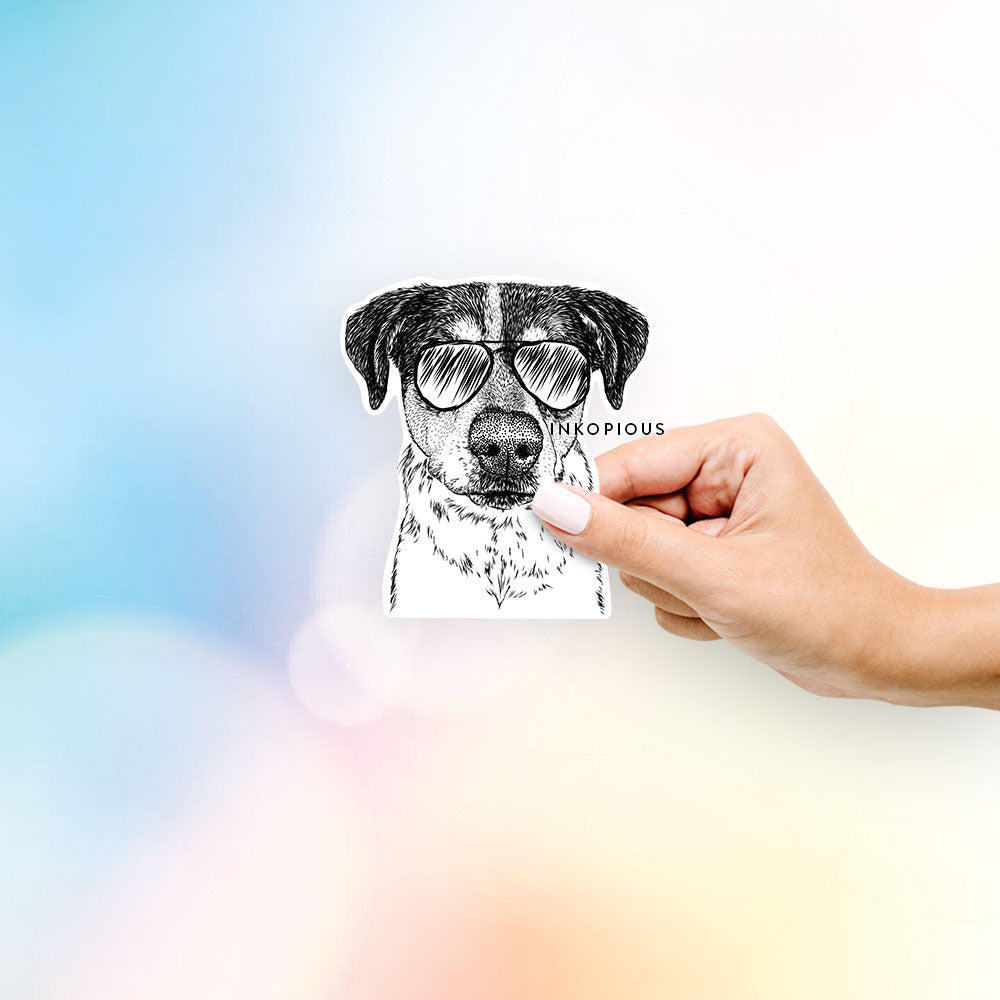 Hand-drawn sketch of Gertrude the Mixed Breed wearing aviator sunglasses on a decal sticker