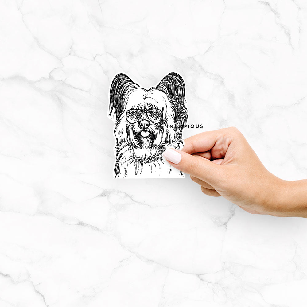 Hand-drawn sketch of Gideon the Skye Terrier wearing aviator sunglasses on a Gideon Skye Terrier decal sticker