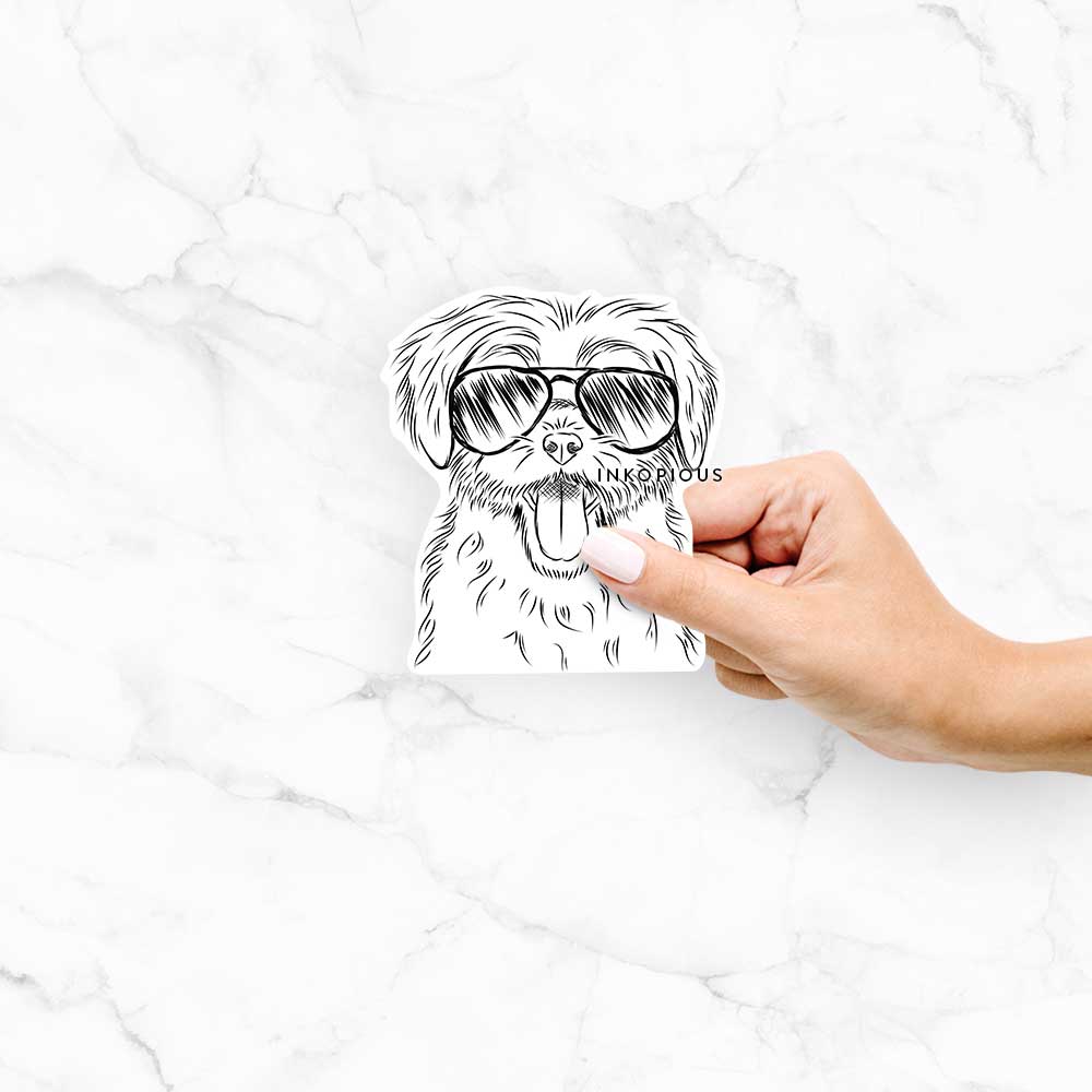 Hand-drawn sketch of Gizmo the Maltese wearing aviator sunglasses on a decal sticker