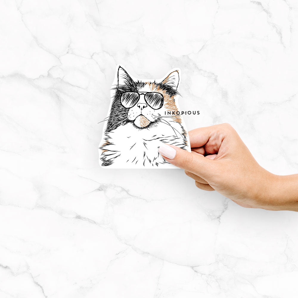 Hand-drawn sketch of Greta the Calico Cat wearing aviator sunglasses on a Greta Calico Cat decal sticker