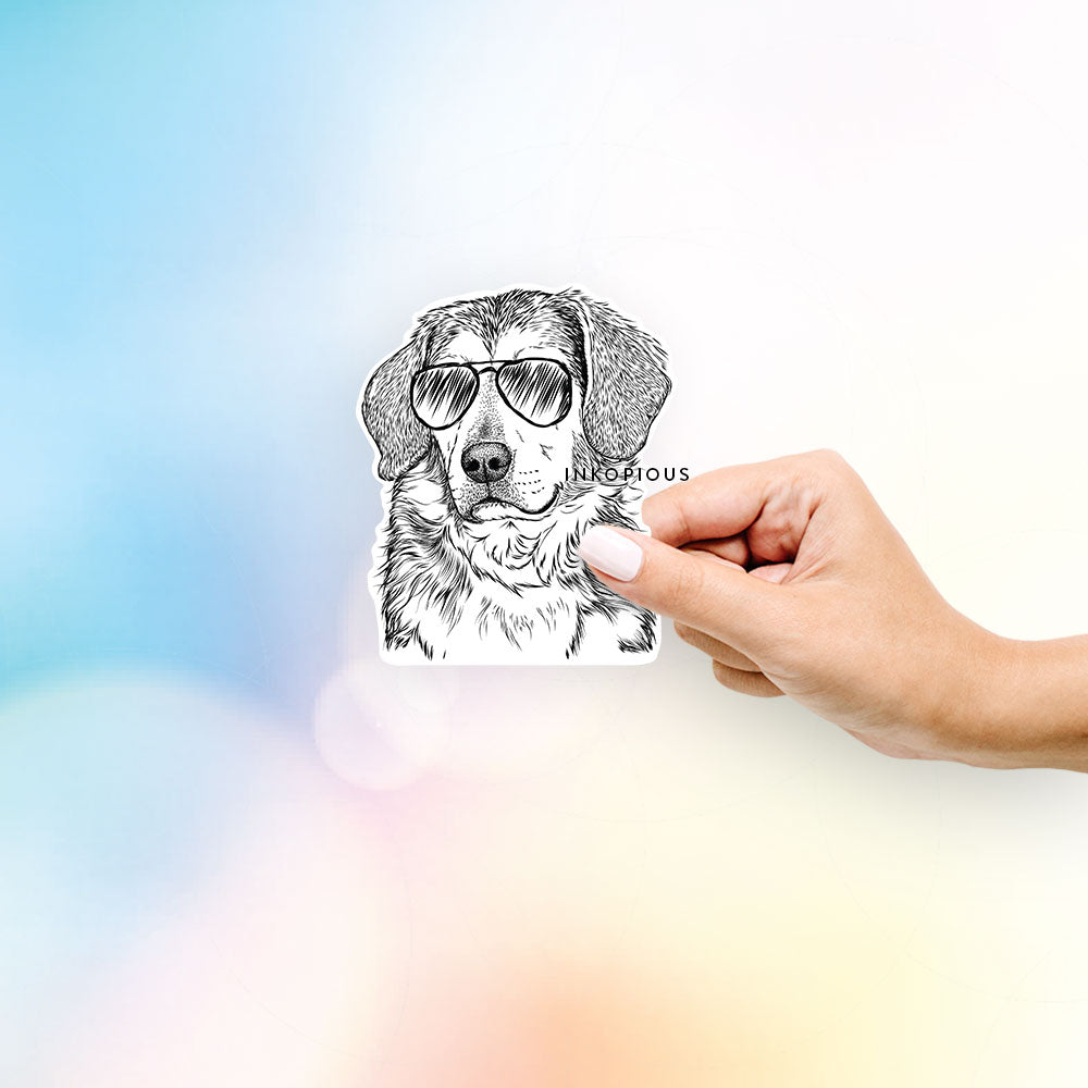 Hand-drawn sketch of Gunner the Mixed Breed wearing aviator sunglasses on a Gunner Mix decal sticker