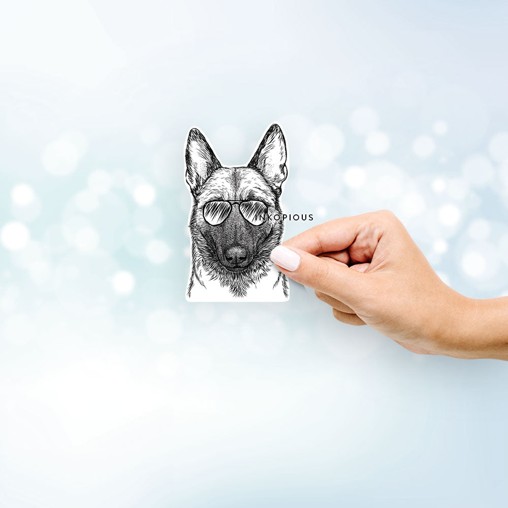 Hand-drawn sketch of Gunther the Belgian Malinois wearing aviator sunglasses on a Sticker decal sticker