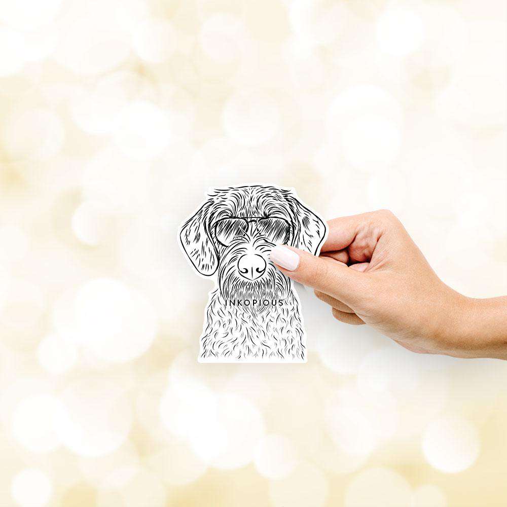 Hand-drawn sketch of Gus the German Wirehaired Pointer wearing aviator sunglasses on a GWP decal sticker