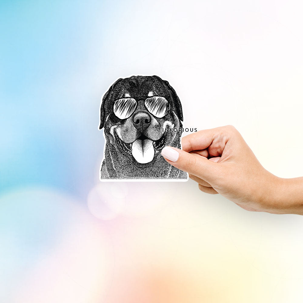 Hand-drawn sketch of Hagan the Rottweiler wearing aviator sunglasses on a decal sticker