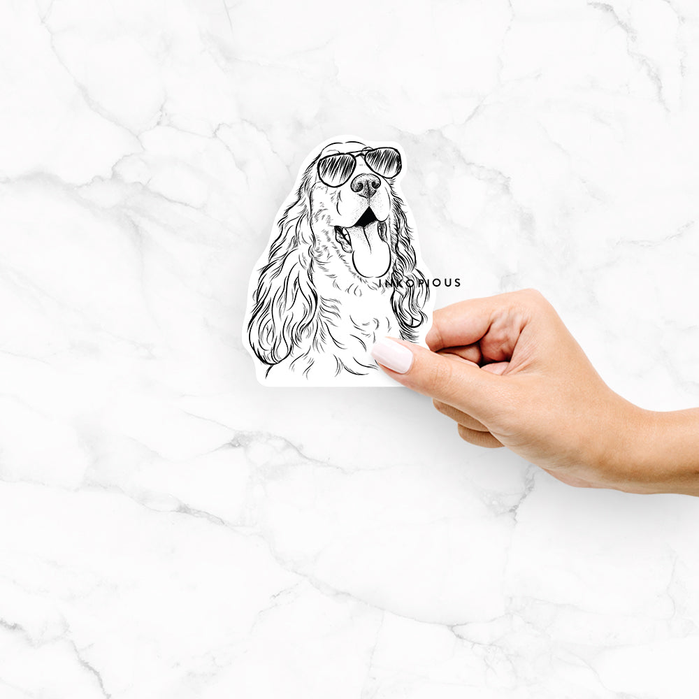 Hand-drawn sketch of Happy Henry the English Cocker Spaniel wearing aviator sunglasses on a Happy Henry Eng Cocker decal sticker