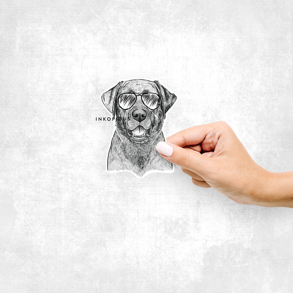 Hand-drawn sketch of Heath the Black Lab wearing aviator sunglasses on a decal sticker