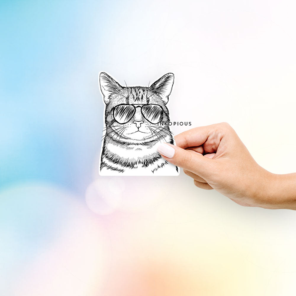 Hand-drawn sketch of Henry the Bengal Cat wearing aviator sunglasses on a decal sticker