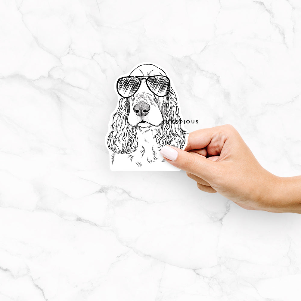Hand-drawn sketch of Henry the English Cocker Spaniel wearing aviator sunglasses on a Henry Eng Cocker decal sticker