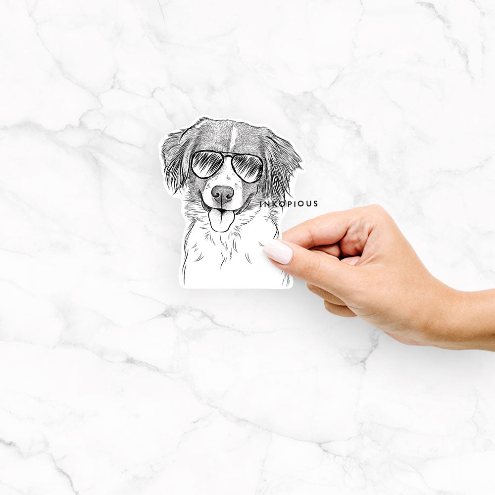 Hand-drawn sketch of Hercules the Nederlandse Kooikerhondje wearing aviator sunglasses on a Hercules Kooiker decal sticker