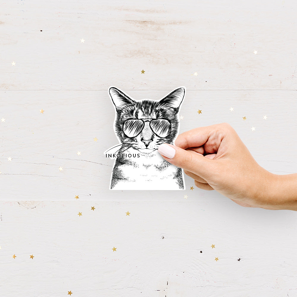Hand-drawn sketch of Hobbes the Tabby Cat wearing aviator sunglasses on a decal sticker