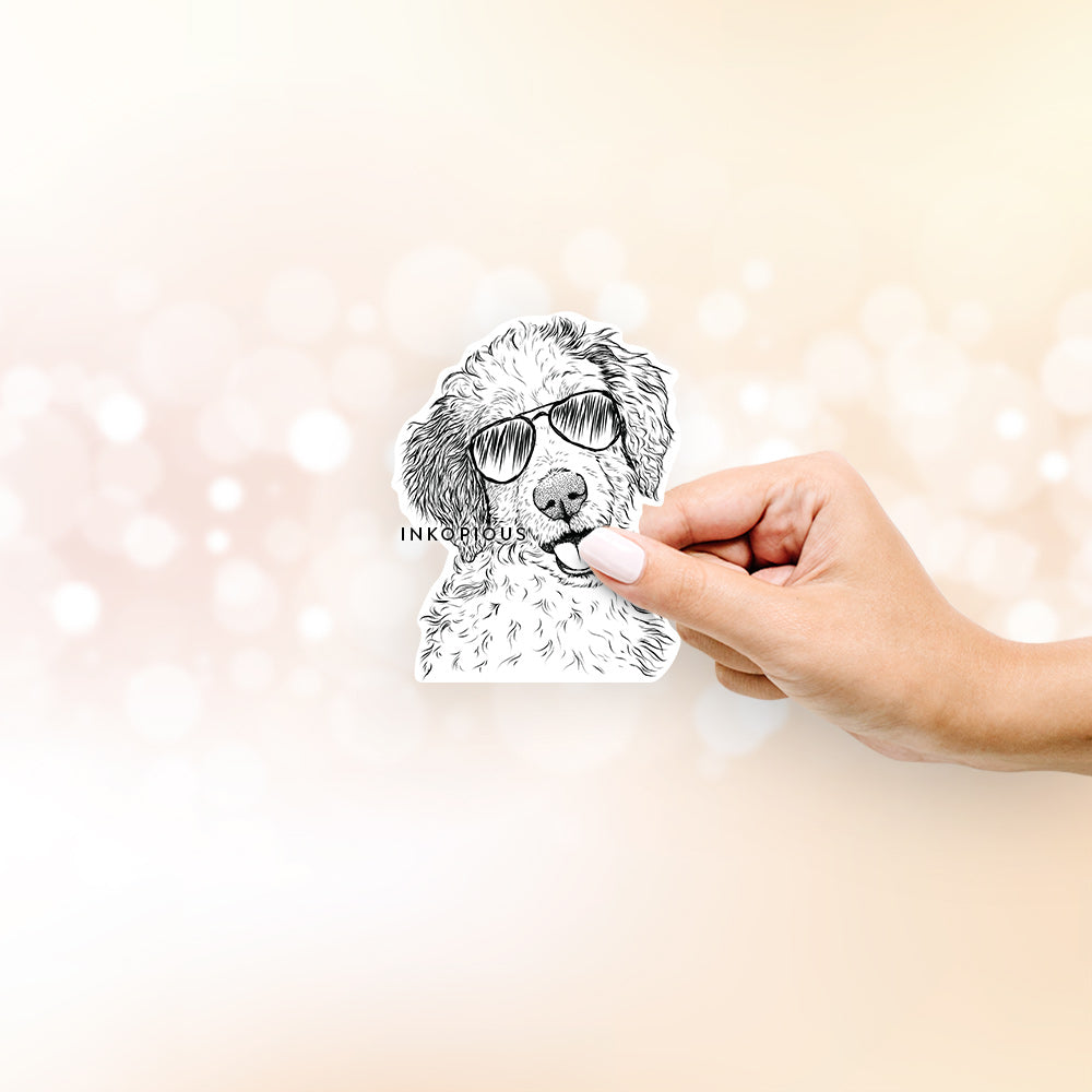 Hand-drawn sketch of Hoge the Aussiedoodle wearing aviator sunglasses on a decal sticker