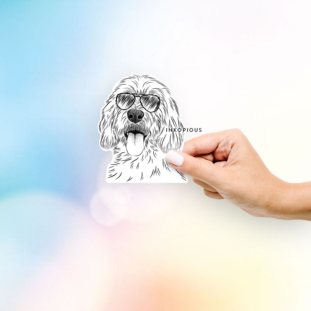 Hand-drawn sketch of Homer the Grand Basset Griffon Vendeen wearing aviator sunglasses on a decal sticker