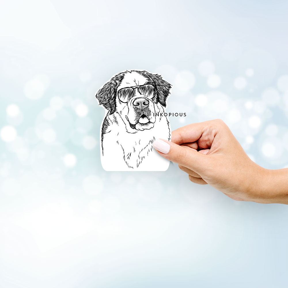 Hand-drawn sketch of Hook the Saint Bernard wearing aviator sunglasses on a Sticker decal sticker