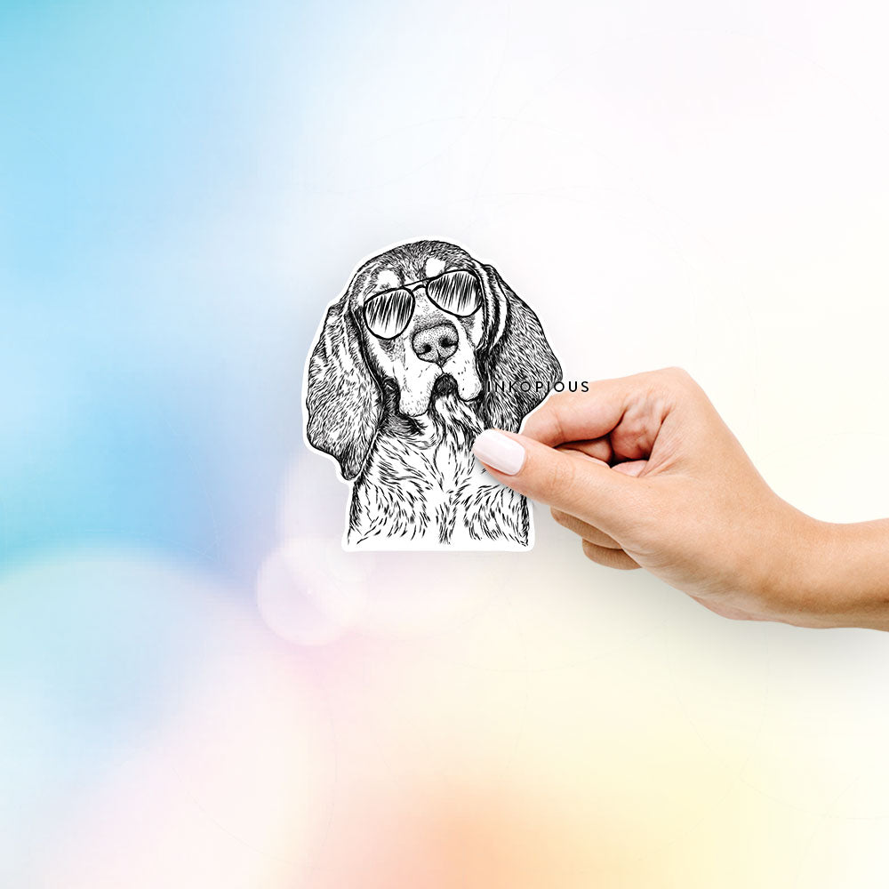 Hand-drawn sketch of Huck the Bluetick Coonhound wearing aviator sunglasses on a decal sticker